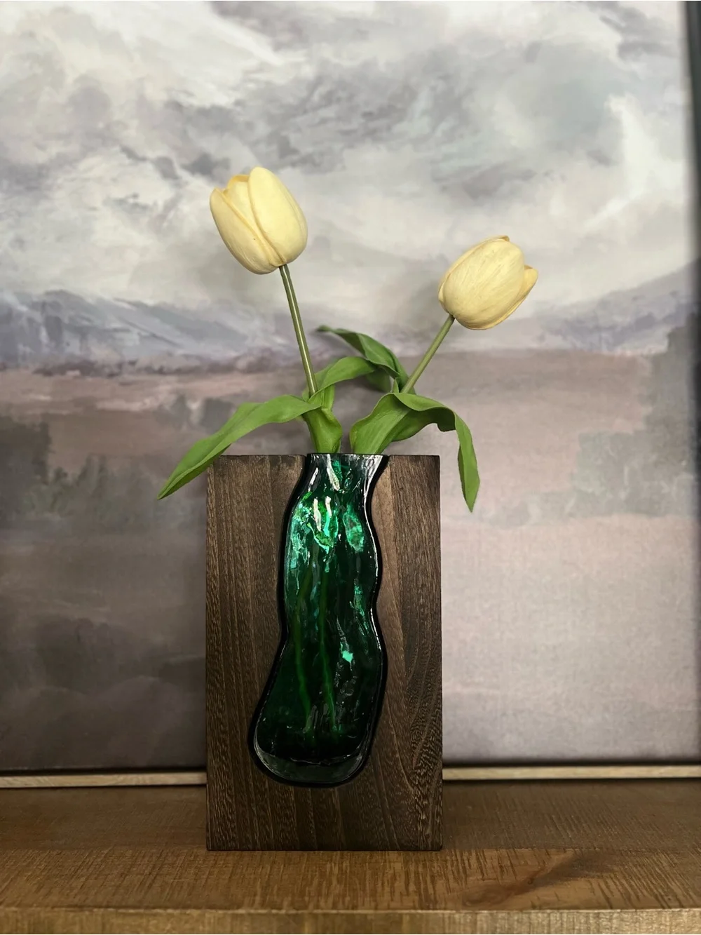 Modern Wooden Bud Vase with Emerald Green Glass Insert | Mid-Century Style Wood